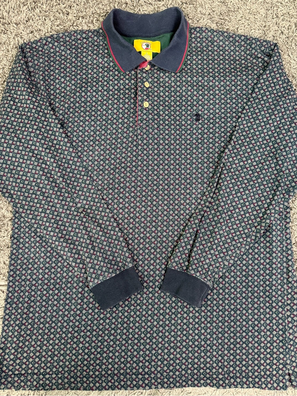 90’ Duck Head Navy Long-Sleeve Patterned Polo with Pink Trim